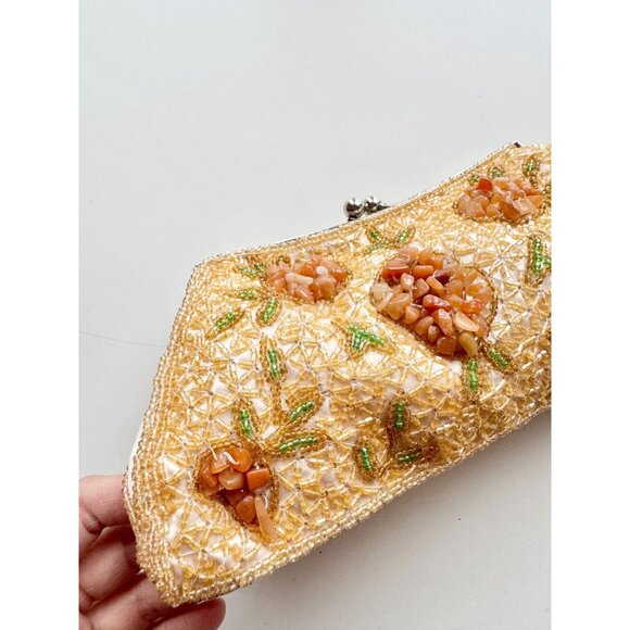 Vintage BIJOUX TERNER Yellow Amber Beaded Quartz Sand Satin Evening Purse Bag - Picture 2 of 14